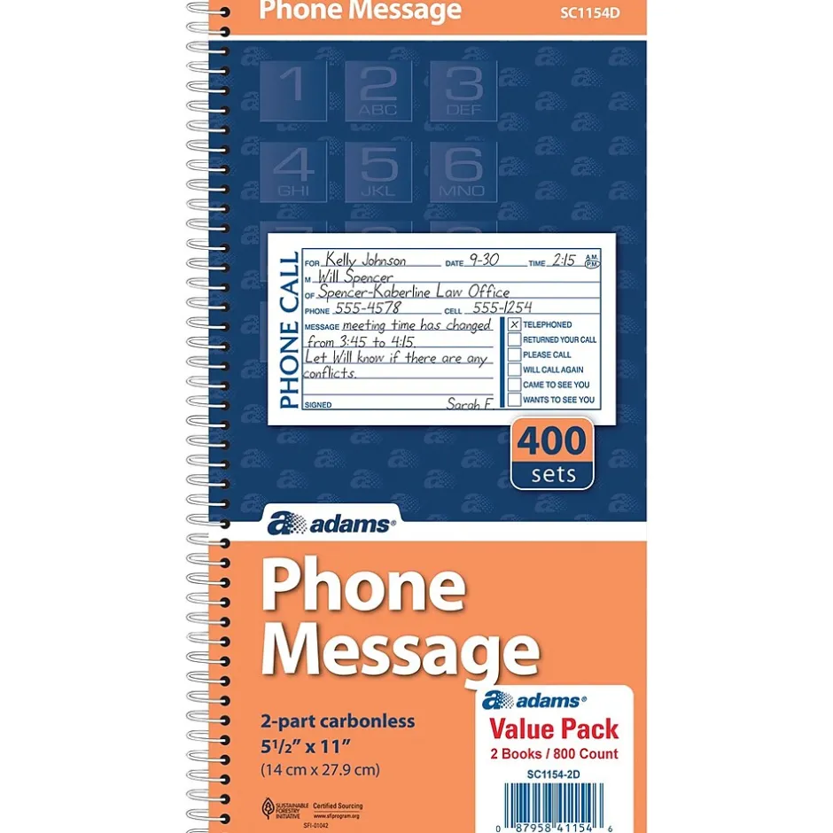 Adams Phone Message Pad, 5.5" x 11", White, 100 Sheets/Pad, 2 Pads/Pack (SC1154-2D) Hot