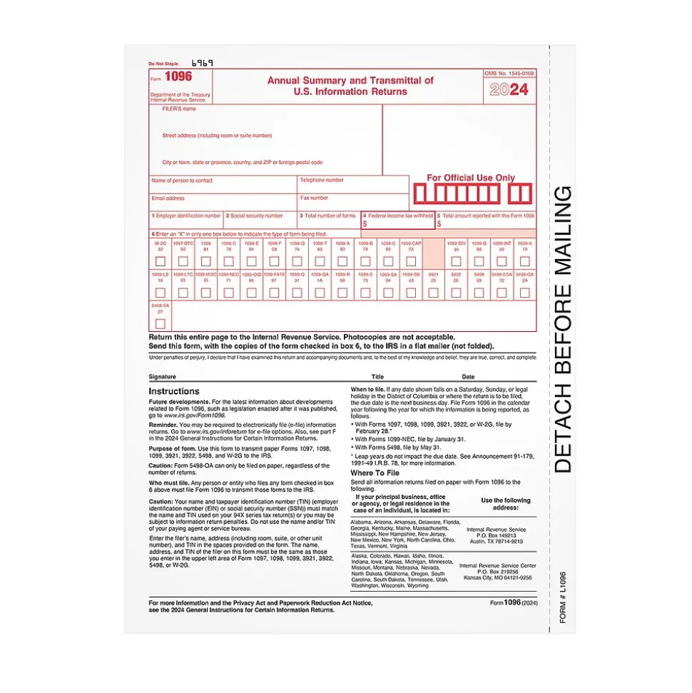 Adams 2024 1096 Tax Form, 1-Part, 25/Pack (L109625)
