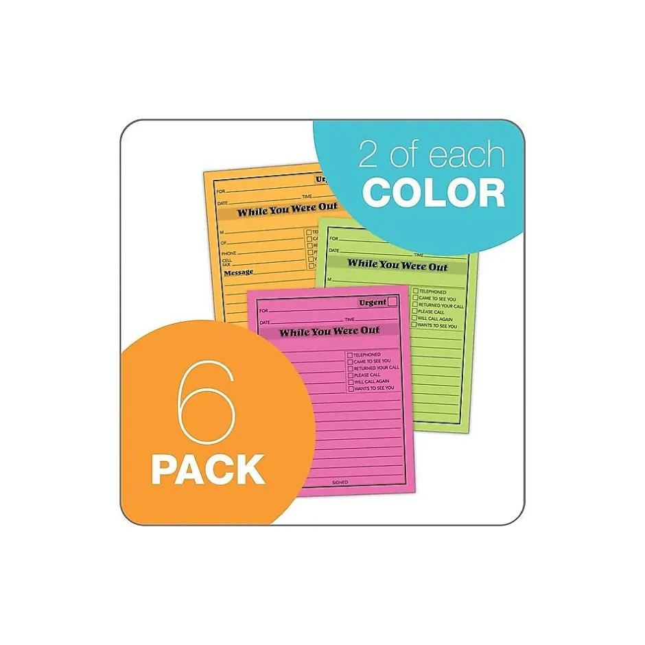Adams While You Were Out Memo Pads, 4.25" x 5.5", Assorted Colors, 50 Sheets/Pad, 6 Pads/Pack (9711NEON) Sale