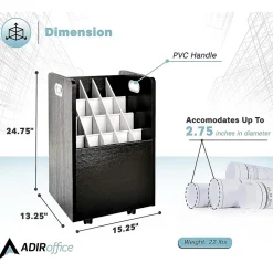 AdirOffice 20-Slot Mobile Roll File, Lockable, 24.75"H x 15.25"W x 13.25"D, Black (624-BLK-KIT1)