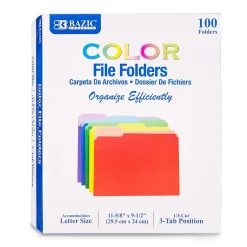 Bazic COLOR File Folders, 1-Tab, Letter/Legal Size, Assorted Colors, 100/Box (BAZ3149) Outlet