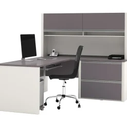 Bestar Connexion Collection 71"W L-Shaped Desk with Oversize Pedestal and Hutch, Sandstone and Slate (93867-59)