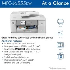 Brother INKvestment Tank MFC-J6555DW Wireless Color Inkjet Printer, All-In-One Supertank, Print, Scan, Copy, Fax