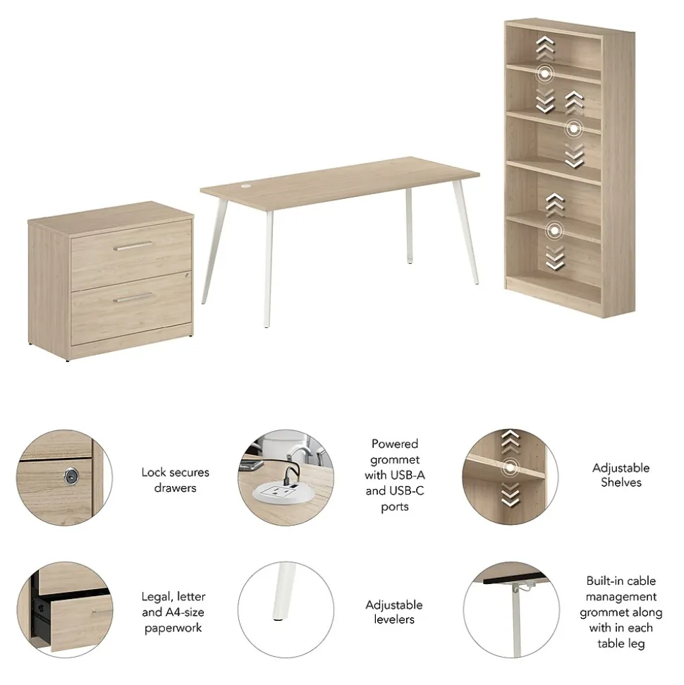 Bush Business Furniture Vista 72"W Desk with Lateral File Cabinet and Bookcase, Natural Elm (VST011NESU)