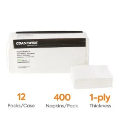 Coastwide Professional™ Recycled Napkin, 1-Ply, White, 400/Pack, 12 Pack/Carton (CW20179)