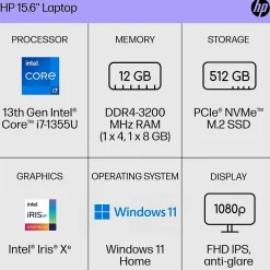 HP 15.6" FHD Laptop, Intel Core i7-1355U, 12GB RAM, 512GB SSD, Backlit Keyboard, +8.5 hrs. Battery Life, Windows 11 Home