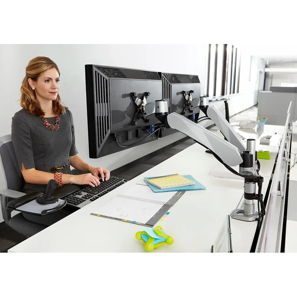 3M™ Dual Monitor Arm, Grab Monitor to Adjust Height, Tilt, Swivel, Rotate, Holds Monitors Up to 20 lbs. and ≤27" (MA265S)
