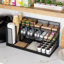 Mind Reader 14-Compartment Metal Coffee Cup and Condiment Organizer, Black (CMG2MESH-BLK 14)