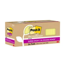 Post-it 100% Recycled Paper Super Sticky Notes, 3" x 3", Canary Collection, 70 Sheets/Pad, 24 Pads/Pack (654R-24SSCY-CP)