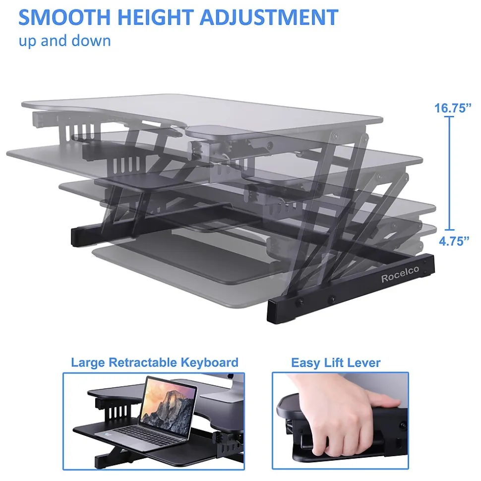 Rocelco 32"W Manual Adjustable Standing Desk Converter, Black (R ADRB)