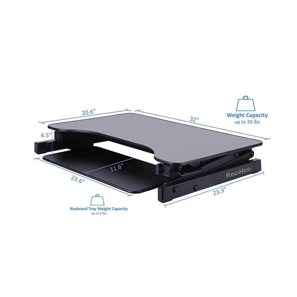 Rocelco 32"W Manual Adjustable Standing Desk Converter, Black (R ADRB)