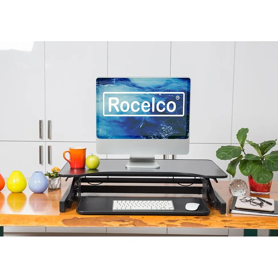 Rocelco 32"W Manual Adjustable Standing Desk Converter, Black (R ADRB)